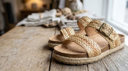 Obraz premium Woven straw slide sandals with cork soles and brass buckles on a rustic wooden table, perfect for summer fashion marketing.