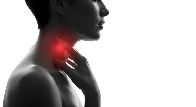 Sore throat or neck pain concept. Silhouette of a person with a red highlight on the throat area, indicating discomfort or inflammation.