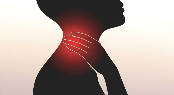 Neck and Throat Pain Concept: Silhouette of person clutching painful area with red glow