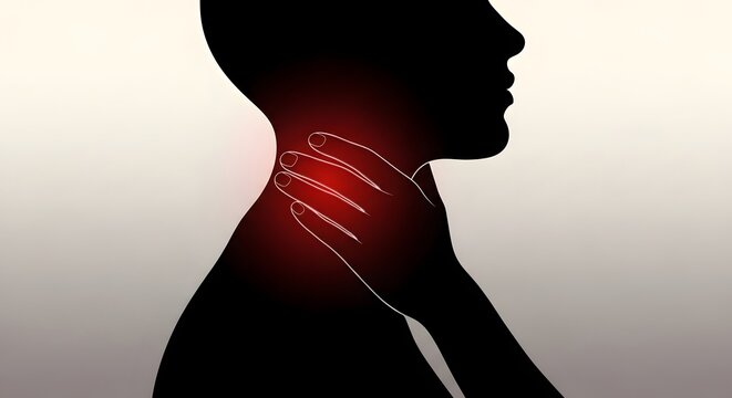 Sore Throat and Neck Pain Illustration. Silhouette of person with hand on inflamed area, medical discomfort concept.