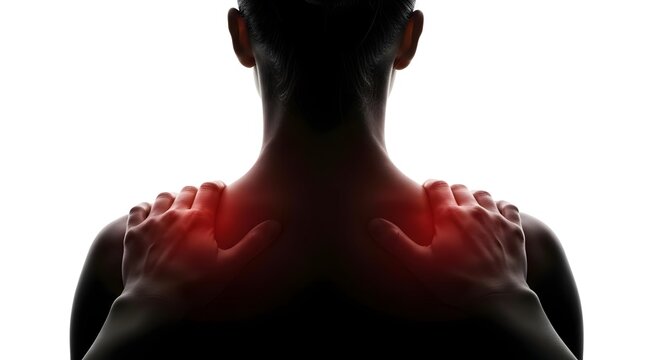 Shoulder and Neck Pain. Silhouette of person holding aching shoulders with red highlights on white background. Stress and discomfort.