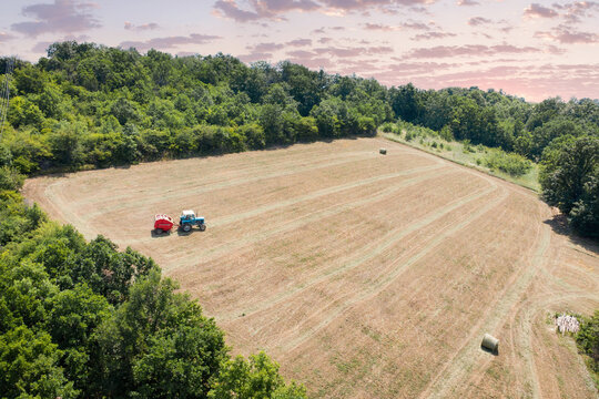 Aerial drone view of a blue tractor with baler working a harvested hay field surrounded by summer forest at sunset.