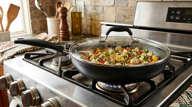 Sizzling vegetable stir fry cooking on gas stove.