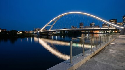 Fototapeta premium Modern illuminated arch bridge over a dark river reflecting city lights at night, with smooth concrete walkway and glass railing, offering ample copy space.