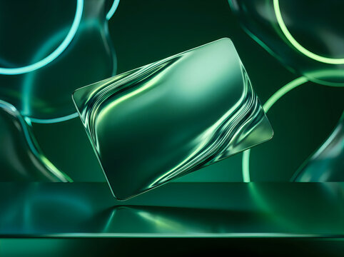 Abstract metallic card presentation with glowing neon rings and reflective surfaces in a dark green studio environment