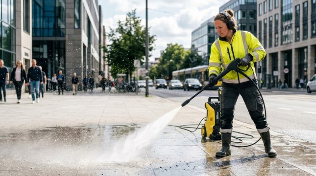 City worker pressure washing a city sidewalk with a high-pressure washer, urban scene with modern buildings and people walking by, realistic daylight