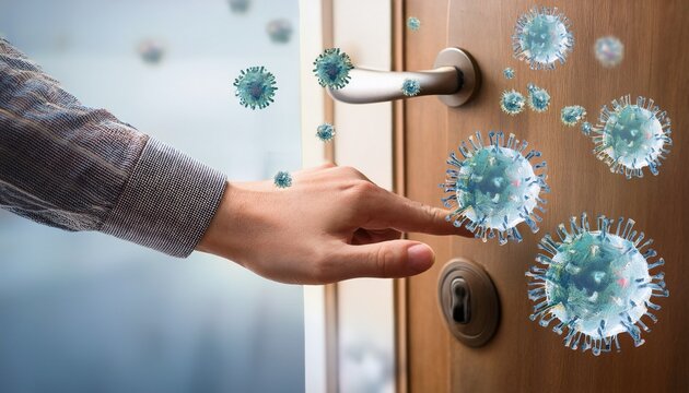 conceptual image of hand touching a doorknob with virus particles representing contamination