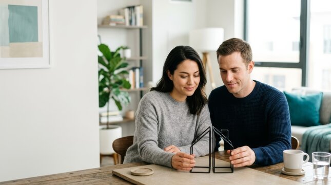 Couple assembling minimalist house outline symbolizing home purchase and mortgage planning in modern apartment with natural light