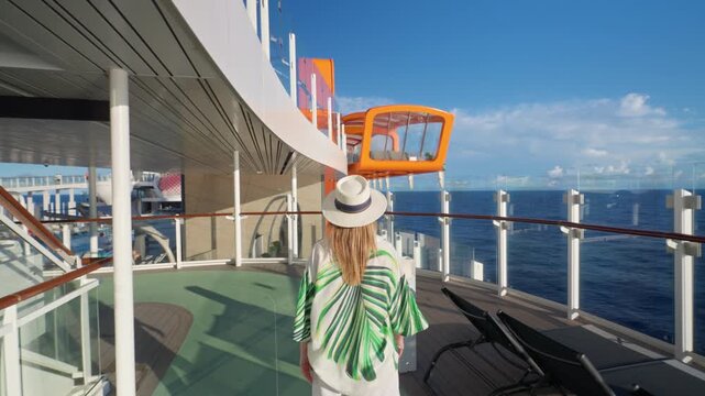 Woman wearing tropical print coverup and straw hat strolls along modern cruise liner deck in Caribbean Sea. Blue ocean waters stretch to horizon under clear sky with white clouds.
