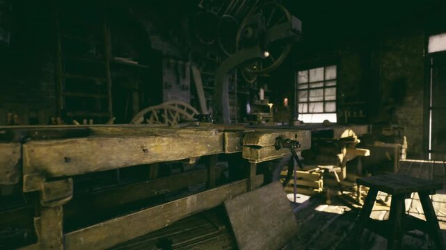 Shadowed steampunk prop studio with oversized wheel silhouette, layered gears, textured walls, window rim light, theatrical clutter evoking creative set