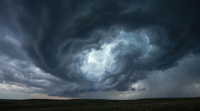 Dramatic supercell thunderstorm with dark swirling clouds looming over a flat horizon during a severe weather event