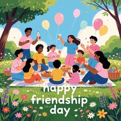 Obraz premium Diverse group enjoys picnic celebration with drinks and food. People toast, laugh, and share moments under blue sky. Balloons float above happy friends, kids and adults bond.