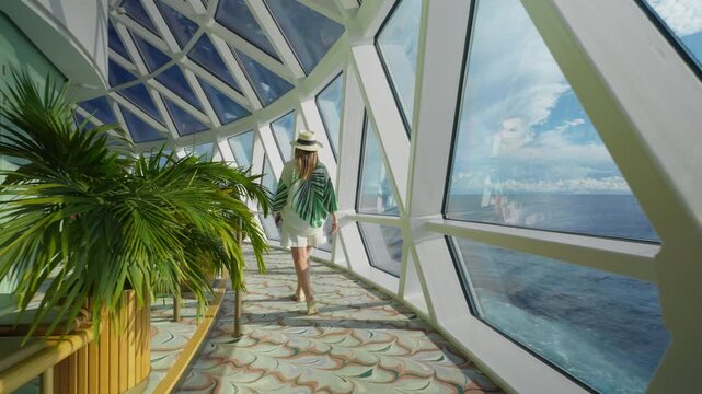 Woman in straw hat and tropical print coverup walks through luxurious cruise liner observation deck with geometric glass windows overlooking the Caribbean Sea and blue sky with clouds.