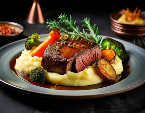 perfectly plated roasted meat dish accompanied by mashed potatoes and seasonal vegetables in an elegant presentation
