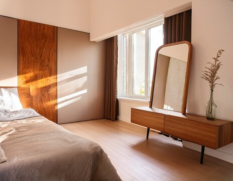 slim unframed mirror leaning against a wall beside a low burl wood console in a warm minimalist bedroom with soft afternoon light