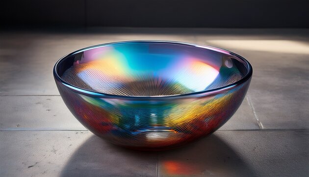 iridescent glass bowl on a concrete floor modern decor design