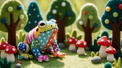 Fototapeta premium Small handmade patchwork frog toy sits in craft forest scenery. Colorful textile amphibian character rests near felt trees, clay mushrooms. Cute artisan stuffed animal design appears inside creative