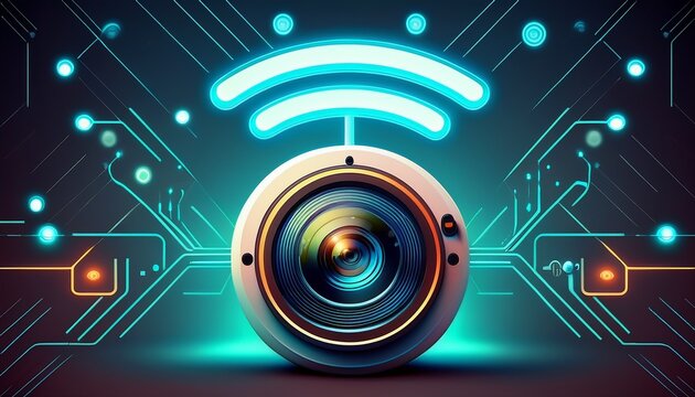 camera with wifi logo and public wifi security symbol on display for wireless connectivity