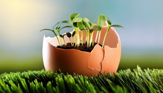 small green shoots grow from an empty egg shell in grass