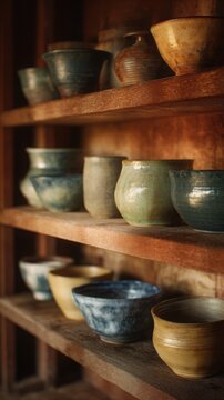 Ultra realistic professional still life photography of handmade ceramic bowls and vases arranged naturally on rustic wooden shelves inside a pottery