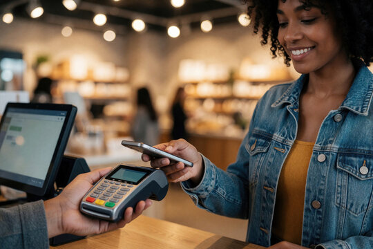 Young smiling woman pays for purchase at checkout using smartphone near terminal. Client holds mobile device over reader for wireless transaction in store. Customer enjoys modern digital banking