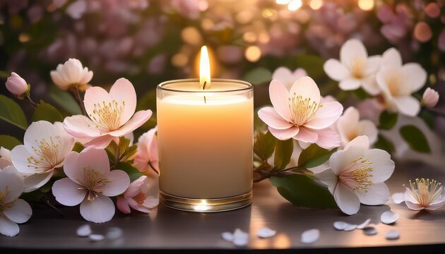 lit candle surrounded by blossoms remembrance peaceful scene sympathy card