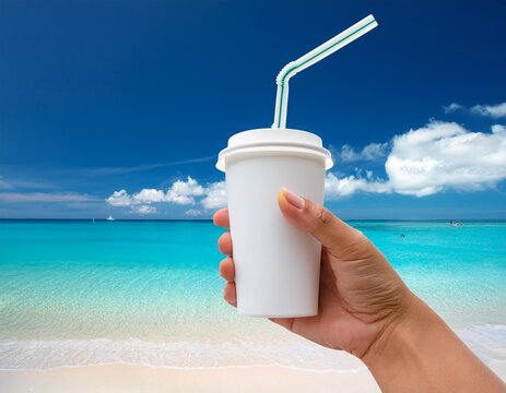 hand holding white paper cup with straw at a tropical beach with blue ocean and sky