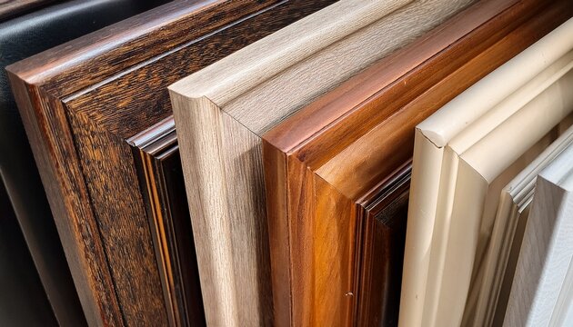 samples of decorative picture frame moldings in various wood finishes and colors