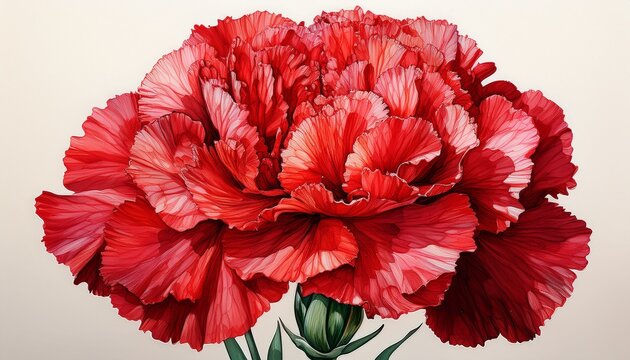 close up of a red carnation flower with detailed petals in watercolor painting style isolated