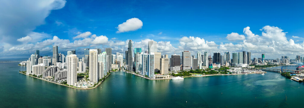 Panoramic Brickell Key. Skyscraper building architecture. Cityscape skyscraper. Panoramic skyline cityscape. City panorama. City downtown skyscraper. Aerial Miami panorama