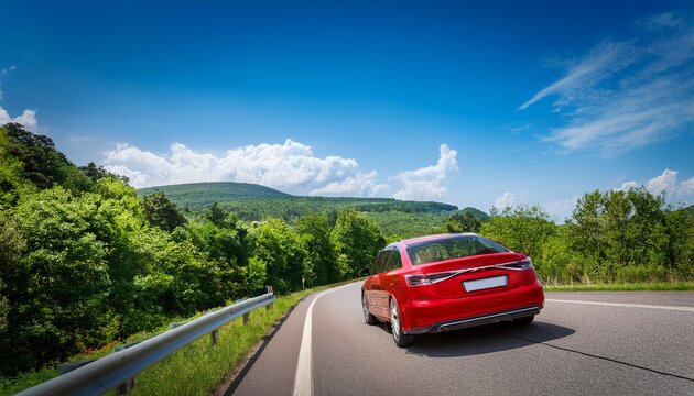 bright red car driving along a scenic road with lush greenery and blue sky creating an inviting travel experience