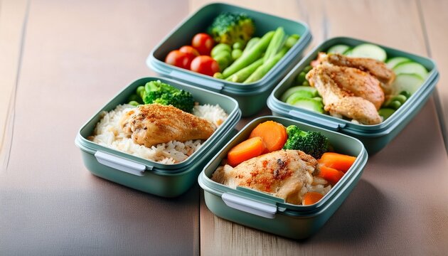 healthy meal prep containers with chicken rice vegetables