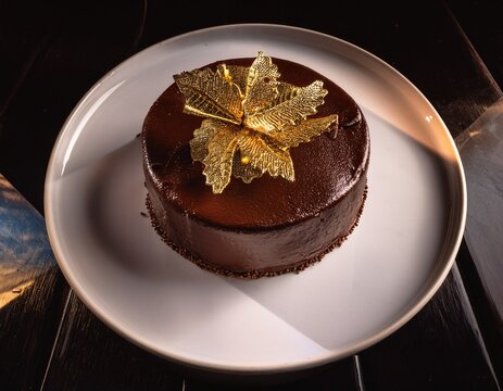 decadent chocolate cake adorned with gold leaf fine dining dessert