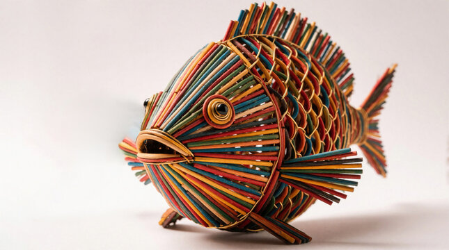 Colorful fish sculpture crafted from wooden sticks and wire. This unique handicraft displays intricate detail and vibrant hues, perfect for decorative or artistic themes.