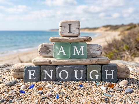 "I Am Enough" affirmation stack on beach pebbles and driftwood
