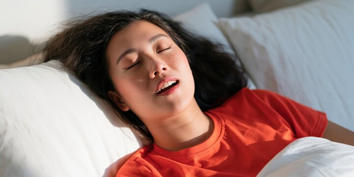 Young woman asleep in bed with mouth slightly open smiling in morning sunlight for sleep wellness and relaxation background and editorial use