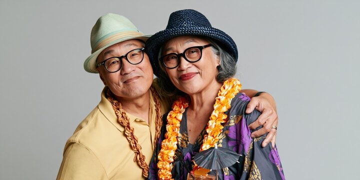 Smiling senior asian couple embracing with hats and leis for travel portrait banner and holiday promotion background