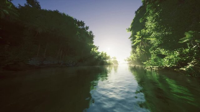 Tranquil waterway scene. Serene river with sunrise glow. Calm canal bordered by greenery at dawn. Peaceful water channel with rising sun and swaying palms