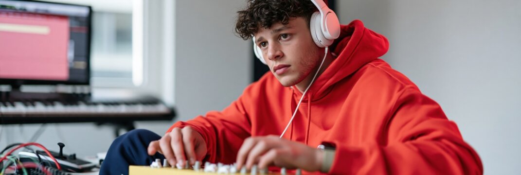 Teenager in a red hoodie using a synthesizer with headphones for music production tutorial and creative studio background