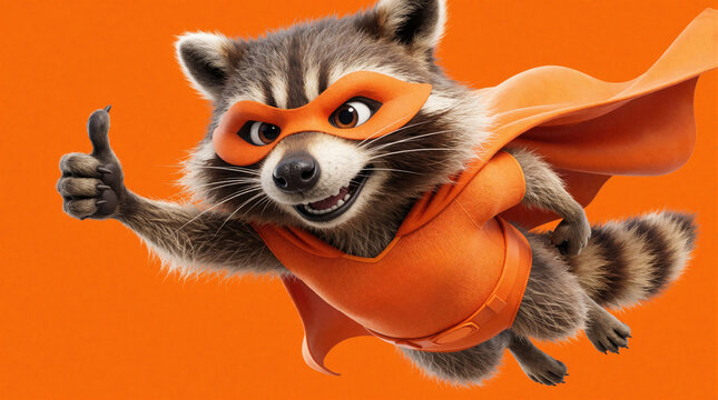 Cute raccoon wears orange superhero costume with cape, mask. Funny animal character flies through air gives thumbs up gesture. Cartoon mammal happy expression on bright colorful background. Digital