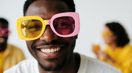 Obraz premium Man with bright yellow, pink oversized glasses smiles indoors. Friends in background wear similar fun eyewear. Casual gathering promotes playful mood, social connection, shared joy during celebration.
