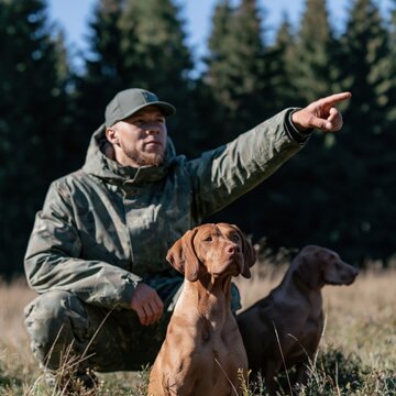 Hunter kneeling with two hunting dogs in field pointing toward distance for outdoor wildlife and training editorial use