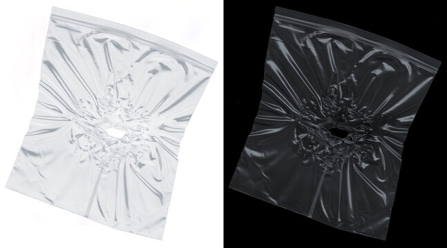 Transparent plastic bag texture with wrinkles, clear polyethylene zip bag on white and black background, crinkled plastic wrap overlay
