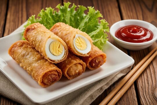 Crispy fried risoles rolls stuffed with boiled egg, meat on white square plate. Indonesian traditional snack served with fresh lettuce leaves, red chili sauce in small bowl. Wooden table background