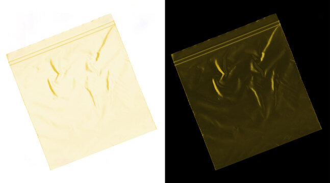 Transparent plastic zip bag texture, yellow polyethylene storage pouch, wrinkled cellophane packaging mockup on white and black background