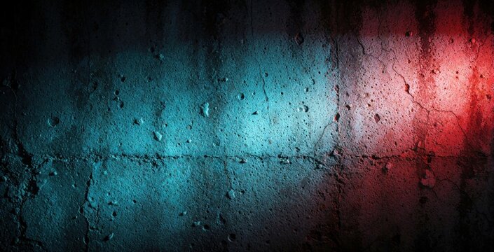 Rough concrete wall surface illuminated by contrasting blue, red police lights creating dramatic shadows, suspenseful atmosphere. Dark industrial background with grunge texture ideal for crime horror