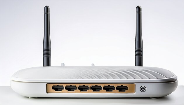 white wifi router with two antennas on a plain white background