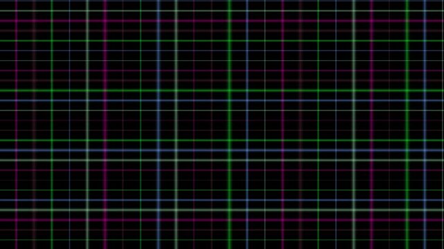 Abstract grid lines create a looping geometric pattern with neon colors on a dark background