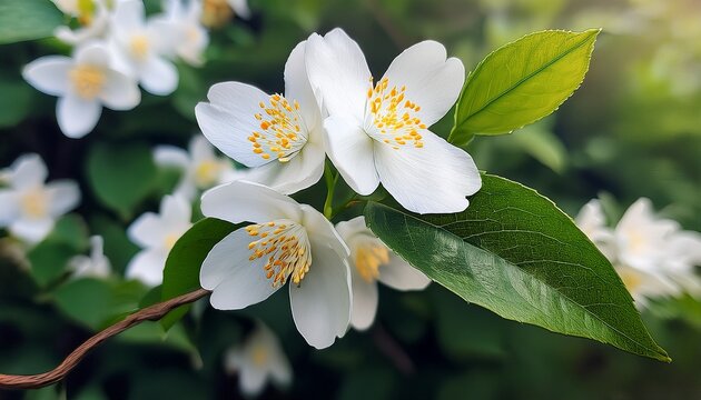 beautiful white jasmine flowers with lush green leaves on a branch perfect for nature and botanical themed projects or designs