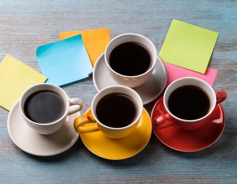 coffee cups with colorful sticky notes